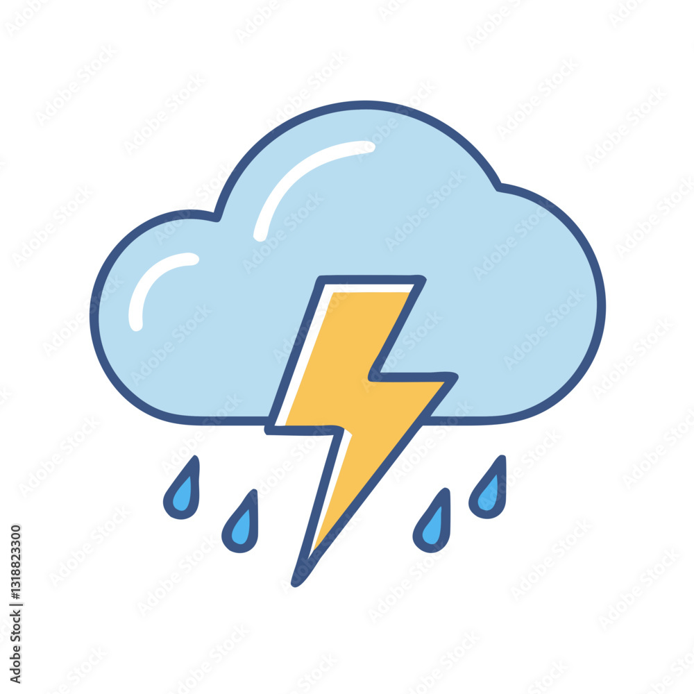 Blue storm cloud with rain and lightning bolt