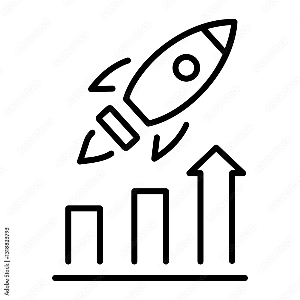 A line icon of rocket with metrics depicting sales boost A line icon of rocket with metrics depicting sales boost