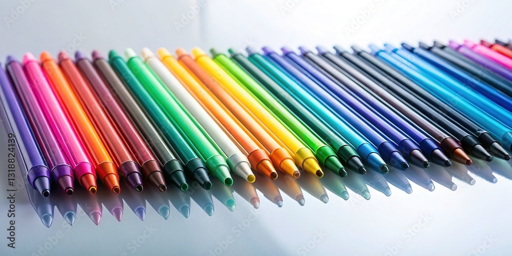 Fototapeta premium Bird's-Eye View of Colorful Marker Pens with Glass Reflection on Solid Background - Copy Space