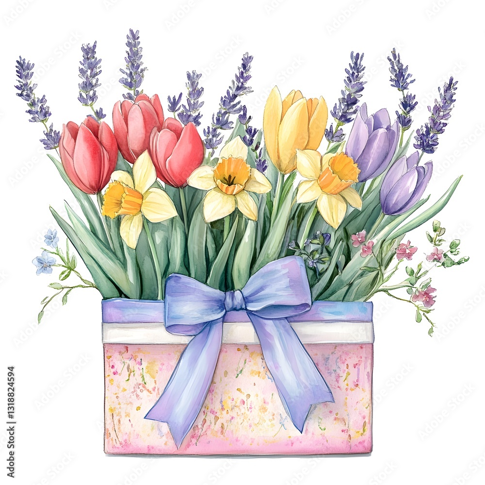 Obraz premium Vibrant Floral Bouquet with Tulips Daffodils and Lavender in Decorative Vase