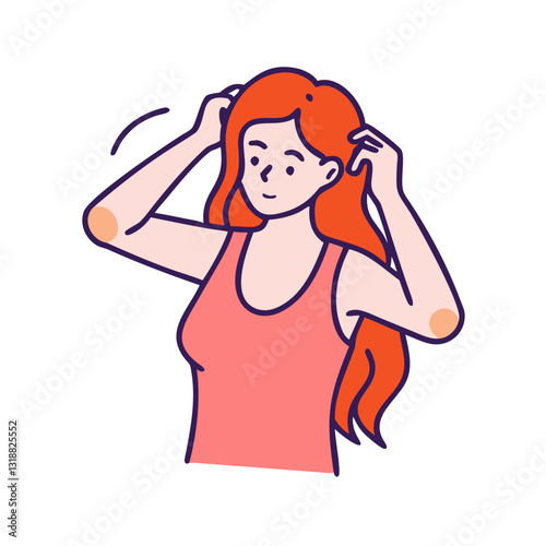 Woman adjusting her hair with a relaxed smile in a colorful and cheerful illustration