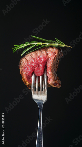 A juicy, grilled steak bite skewered on a fork, glistening with natural juices and garnished with rosemary, with a seared crust and tender pink interior against a moody background. Generative AI