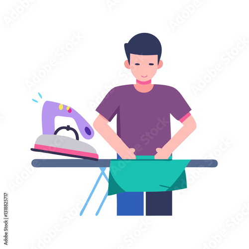 Illustration of a person ironing clothes with an iron on an ironing board