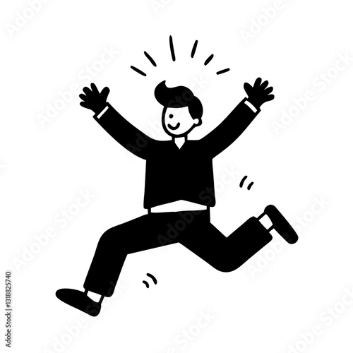 Joyful person expressing excitement while jumping in a classic black and white style
