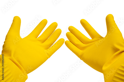 Pair of yellow rubber gloves with open palms isolated on white background. Hygiene, safety, cleanliness, care and protection concept. Close up