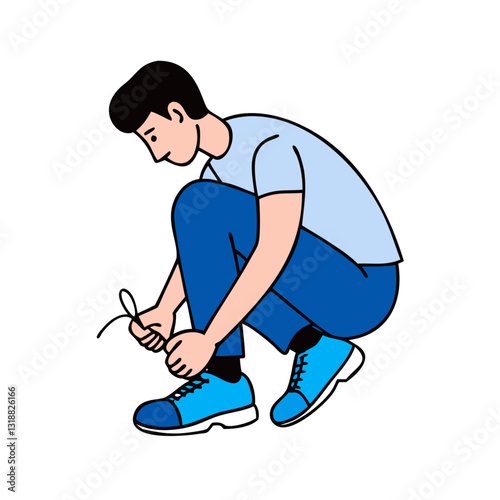 Illustration of a person tying shoelaces while squatting