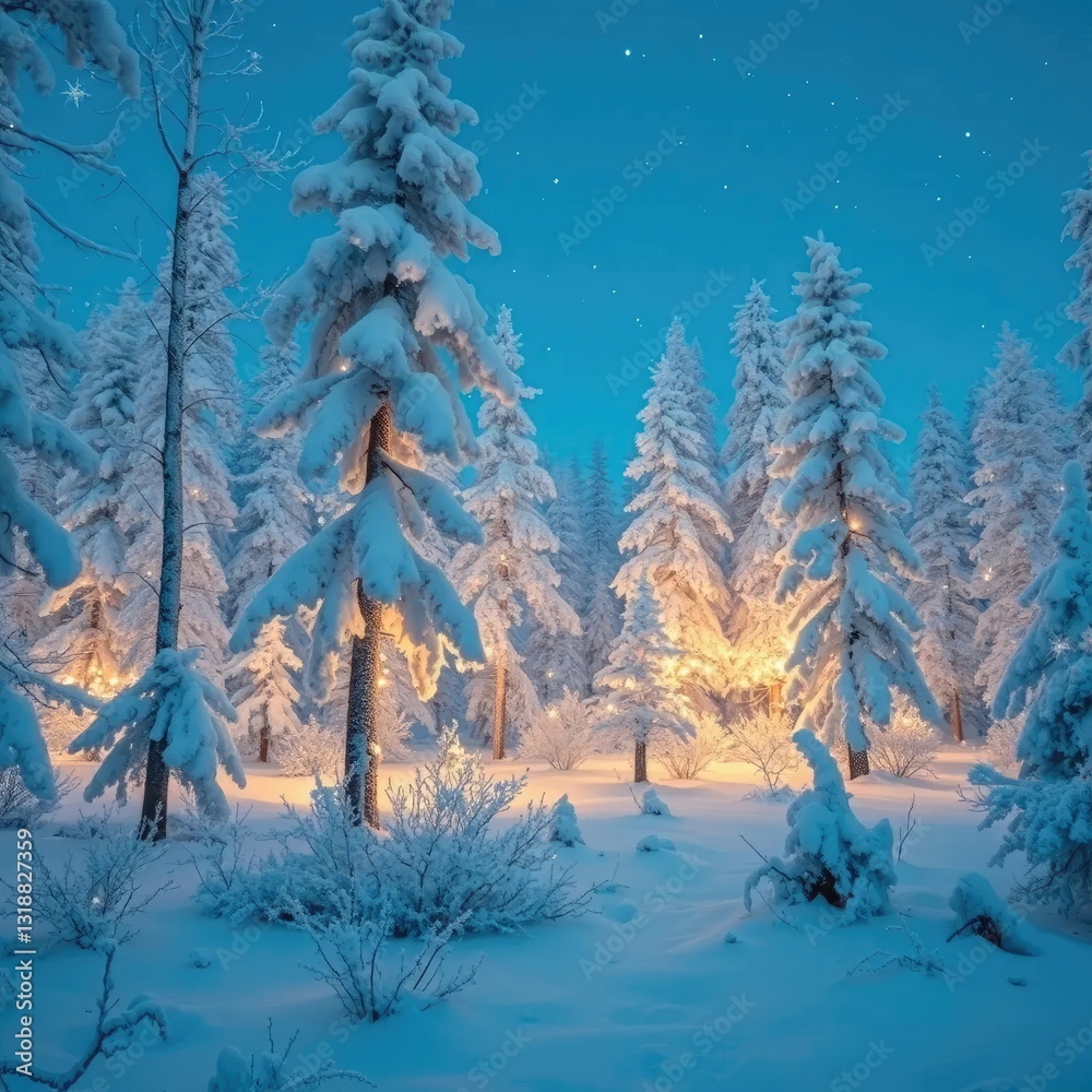 Frosty forest landscape with snow-covered trees and twinkling lights, frosty, winter Frosty forest landscape with snow-covered trees and twinkling lights, frosty, winter