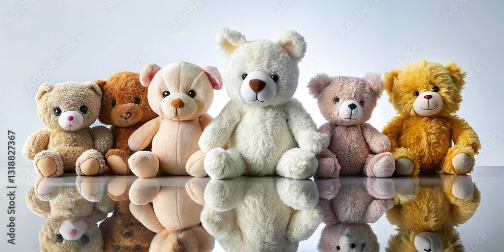 Cute Plush Toys Flat Lay with Glass Reflection, Copy Space - Stock Photo