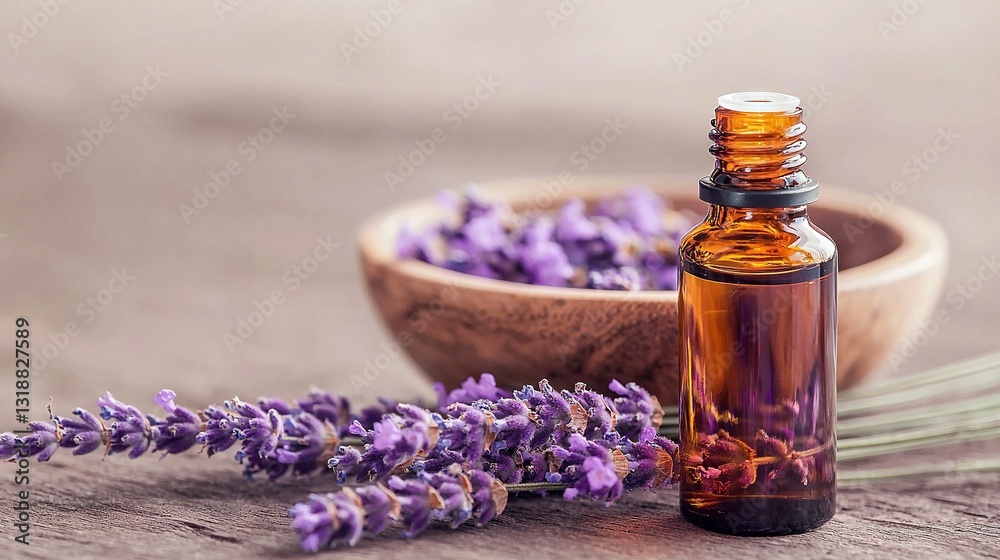 Lavender essential oil on wooden table with wooden spoon & lavender bouquet Lavender essential oil on wooden table with wooden spoon & lavender bouquet