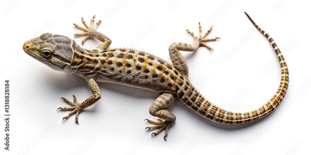 Naklejka premium Dynamic Reptile Pose: Flat Lay Stock Photo, Clean White Background