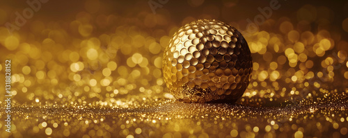 Golden golf ball on glittery backdrop.