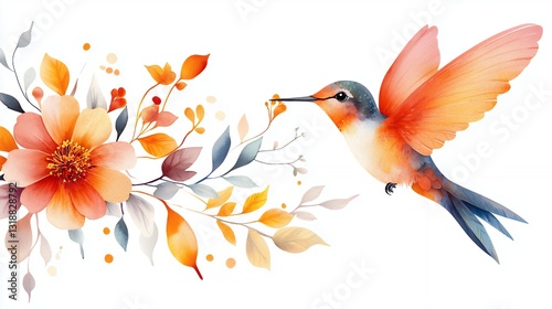 Watercolor Painting of Hummingbird and Flowers
