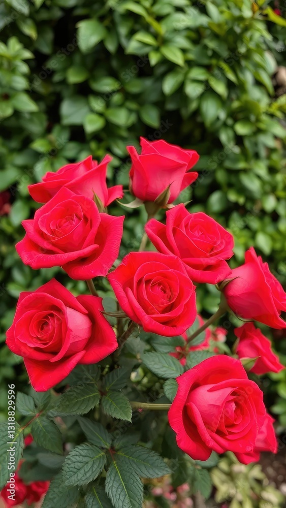Elegant red roses against a backdrop of lush foliage, flower arrangement, nature scenery, refinement Elegant red roses against a backdrop of lush foliage, flower arrangement, nature scenery, refinement