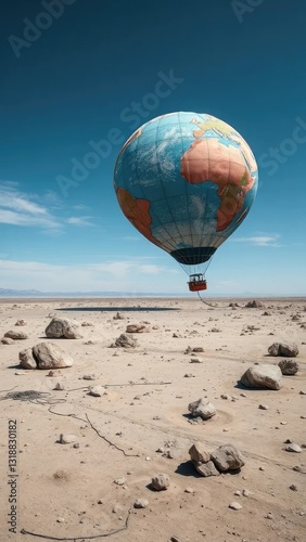 Desolate wasteland with remnants of a deflated Earth balloon, earth, balloon, emptiness