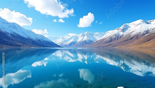 Wallpaper Mural Panoramic Landscape Photo of a Serene Mountain Lake with Snow-Capped Peaks and Reflections Torontodigital.ca