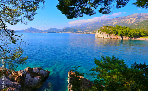 famous coast Sveti Stefan near Budva city, wonderful night view, Montenegro, Europe, discover yourself beautiful place photo