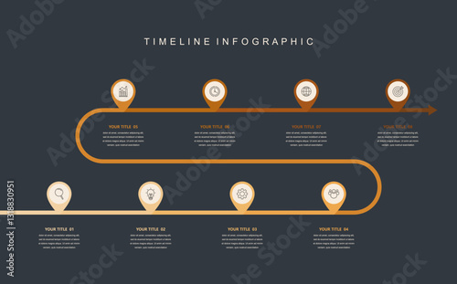 Business road map timeline infographic concept. with icons and 8 options, workflow layout, diagram, report, web design. Creative, vector, illustration.