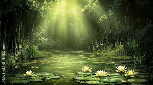 Sunlit Swamp Forest With Water Lilies