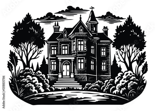Silhouette of a mansion isolated on a white background