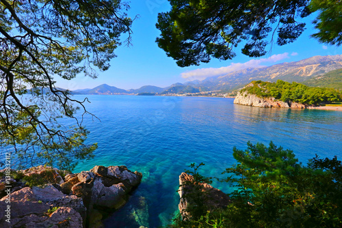 famous coast Sveti Stefan near Budva city, wonderful night view, Montenegro, Europe, discover yourself beautiful place photo