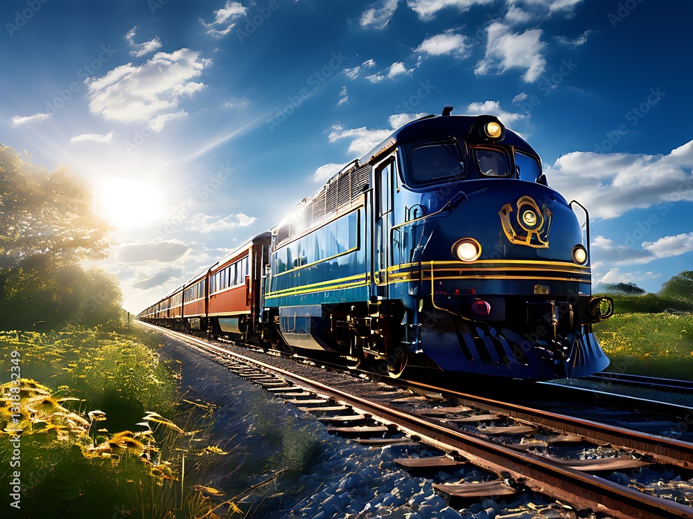 Obraz premium Blue Train Speeding Through Summer Fields