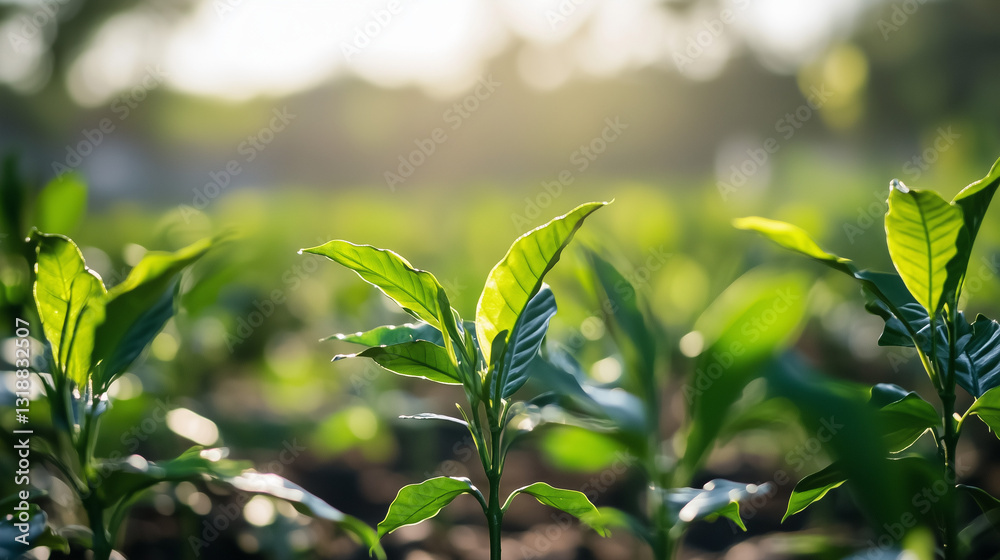 Fototapeta premium Vibrant Coffee Bean Seedlings Aligned in Rows Under Natural Sunlight: Agricultural Growth and Organic Plantation Cultivation Scene
