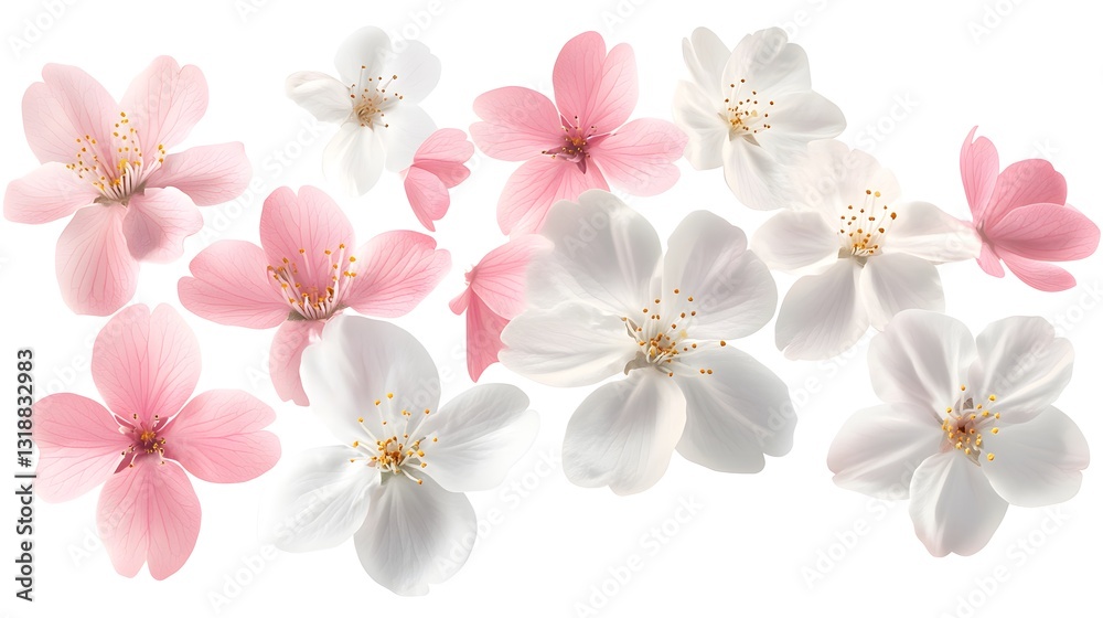 Fototapeta premium A collection of dainty white and pink cherry blossoms, symbolizing spring and renewal in a serene natural environment