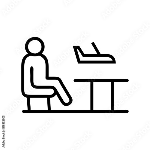 Person sitting at a table looking at an airplane in a line drawing, travel and waiting concept