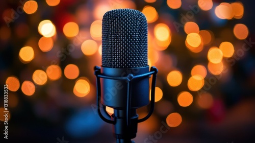 Festive Microphone Recording Christmas Lights Background