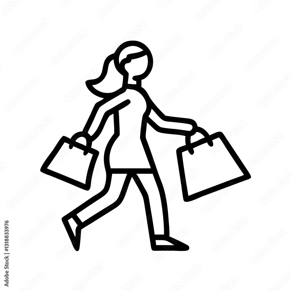 Woman walking while carrying shopping bags in a line drawing, shopping concept Woman walking while carrying shopping bags in a line drawing, shopping concept
