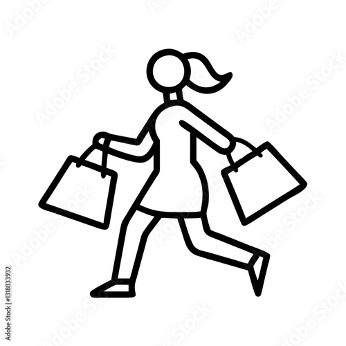 Woman walking briskly with shopping bags in a line drawing, shopping concept