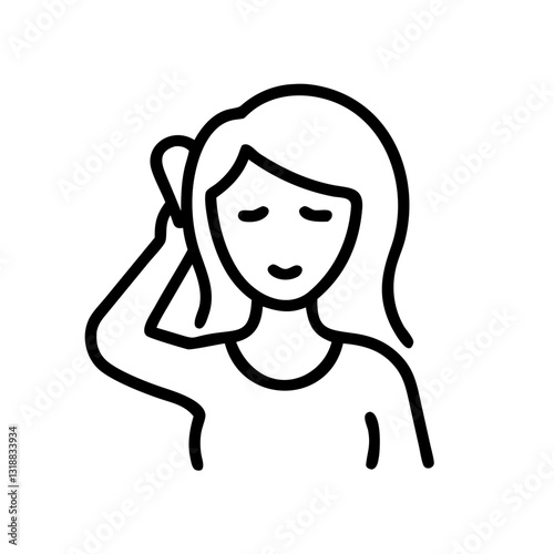 Woman touching her hair and smiling in a line drawing, relaxed expression concept