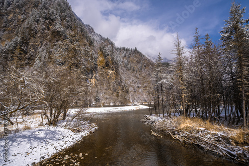 Obraz na płótnie Bipenggou National Park in Sichuan China, is a natural reserve blessed with typical alpine views, including virgin forest, plateau lakes, glaciers, snow mountains, tinkling streams and waterfalls w salonie