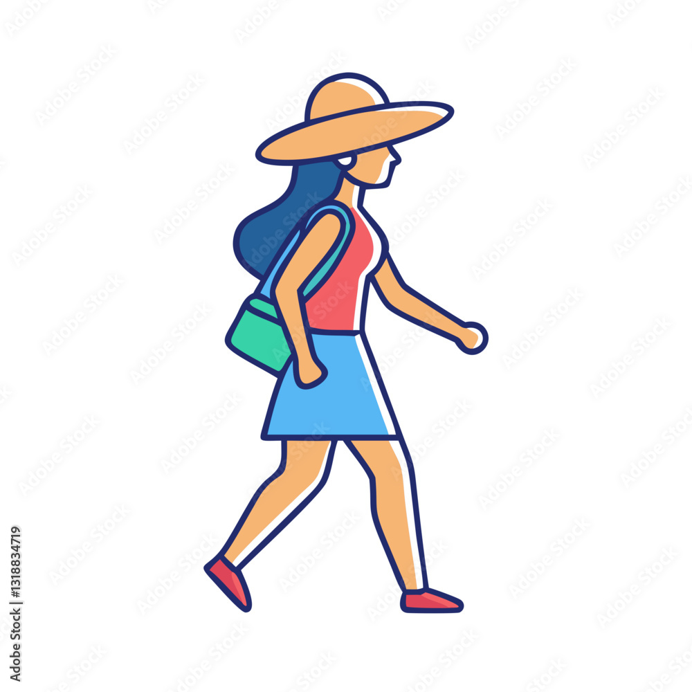 Woman walking in a summer outfit with a hat and bag in a colorful illustration, outdoor lifestyle concept Woman walking in a summer outfit with a hat and bag in a colorful illustration, outdoor lifestyle concept