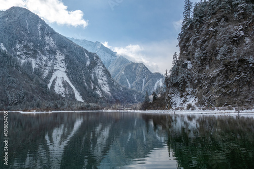 Obraz na płótnie Bipenggou National Park in Sichuan China, is a natural reserve blessed with typical alpine views, including virgin forest, plateau lakes, glaciers, snow mountains, tinkling streams and waterfalls w salonie