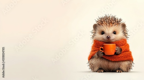 Adorable chubby hedgehog snug in a soft scarf, sipping tea from a tiny cup, fluffy spines, cozy atmosphere, white backdrop 