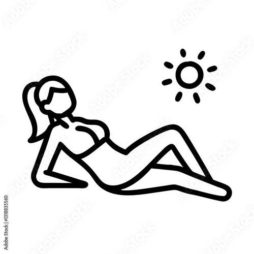 Minimalistic line art of a woman sunbathing with sun icon