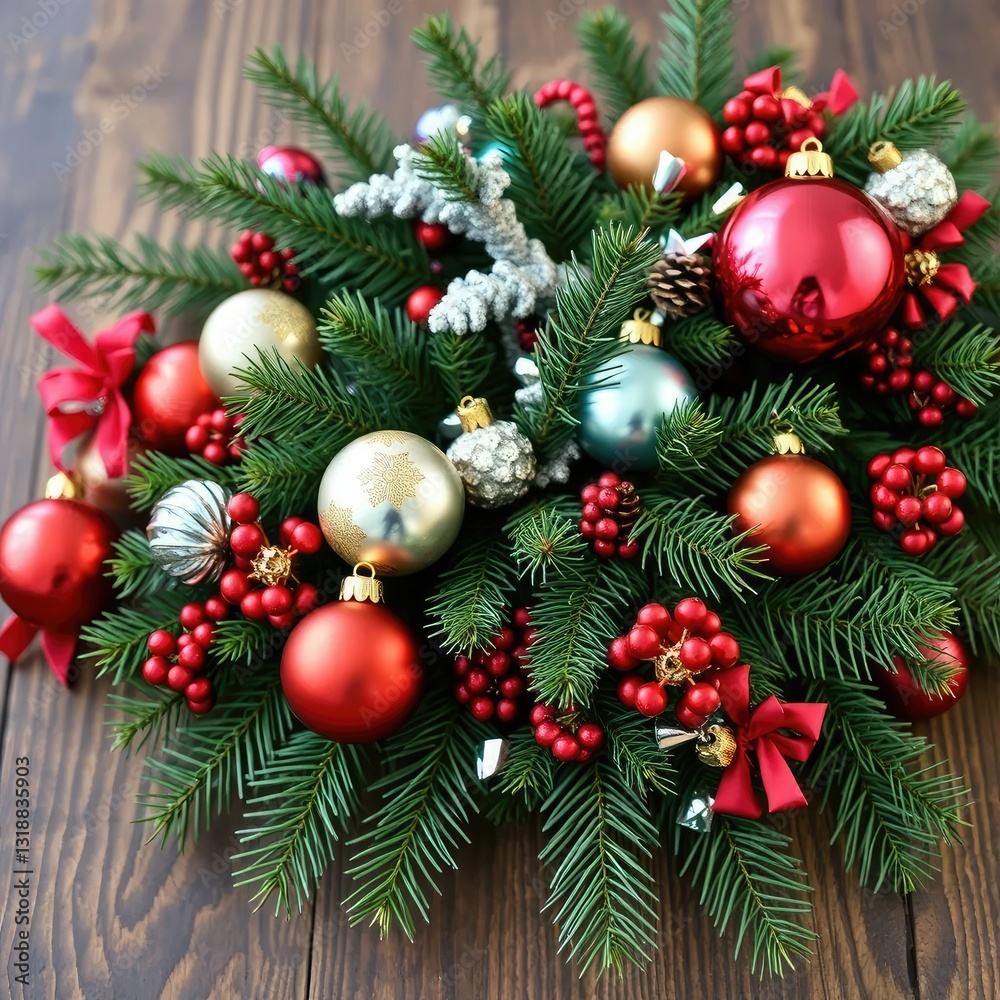 A stunning arrangement of pine branches, baubles, and ornaments on a wooden table, festive arrangement, pine branches, wooden table A stunning arrangement of pine branches, baubles, and ornaments on a wooden table, festive arrangement, pine branches, wooden table