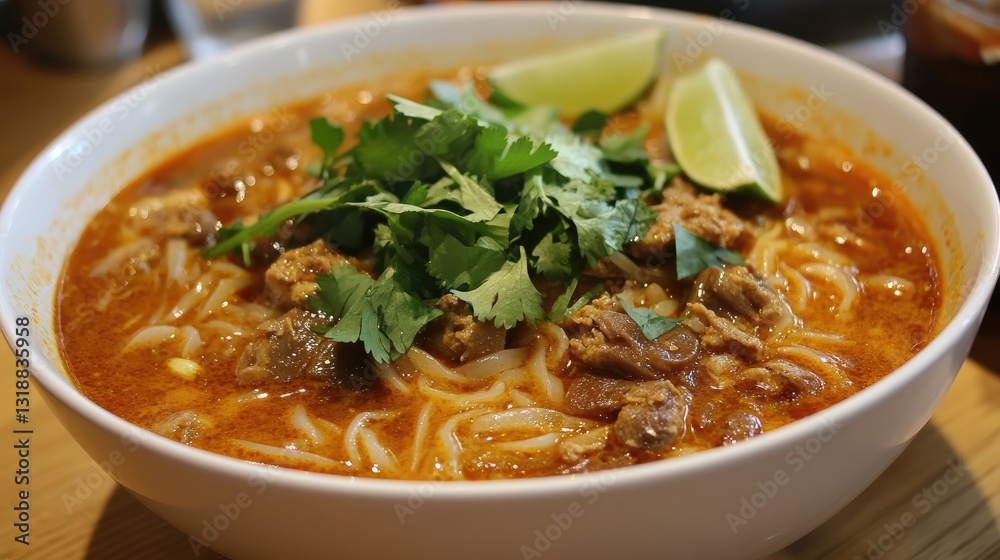 Delicious steaming bowl of traditional noodle soup garnished with fresh herbs and lime slices on a wooden table Delicious steaming bowl of traditional noodle soup garnished with fresh herbs and lime slices on a wooden table