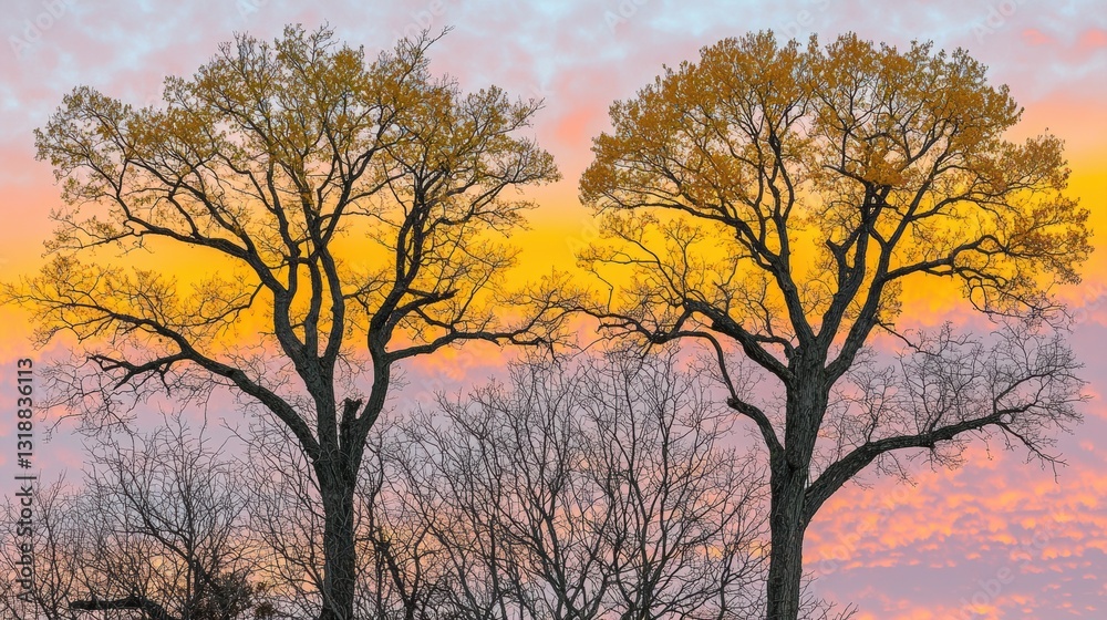 Fototapeta premium Sunset silhouette of leafy trees nature landscape autumn evening tranquil environment vibrant colors