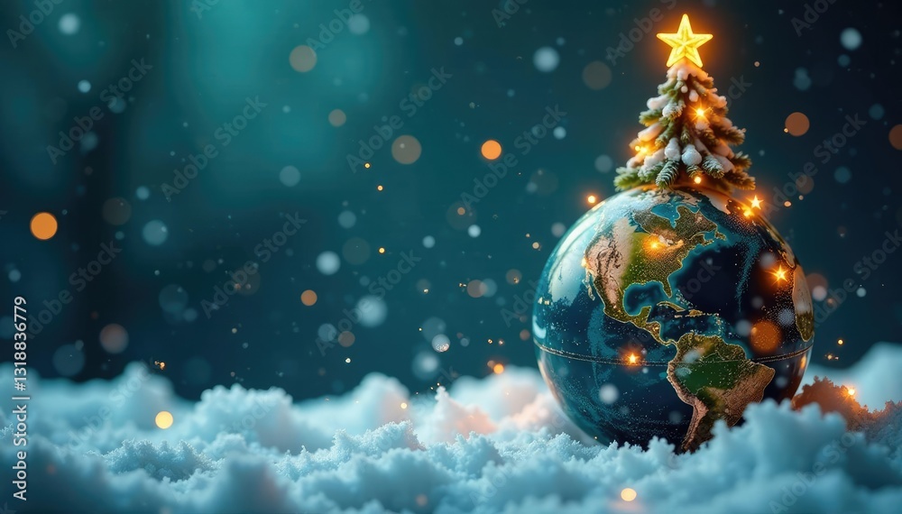 A Christmas tree with an earth globe at its base and snowflakes falling around it, snowflakes, holiday decoration, Christmas
