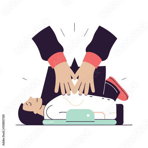 Flat-style illustration of hands performing CPR on an unconscious person lying on their back. Ideal for first aid, emergency response, and medical training concepts.