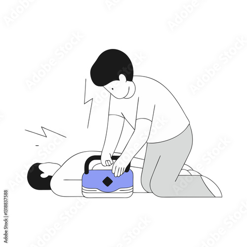 Minimalist illustration of a person using an AED (Automated External Defibrillator) on an unconscious individual. Ideal for emergency response, first aid, and medical training concepts.