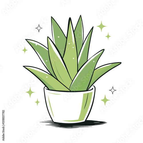 Vector illustration of a potted aloe vera plant with fresh green leaves and sparkling details. Perfect for concepts of natural healing, skincare, and indoor greenery.