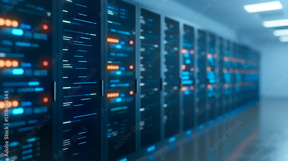 Data Center Technology: A visual of a data center, rows of servers humming, symbolizing the digital backbone. Data Center Technology: A visual of a data center, rows of servers humming, symbolizing the digital backbone.