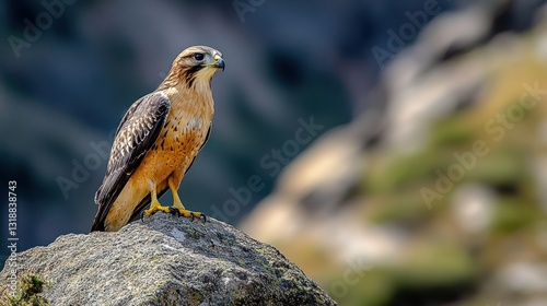 Golden Eagle perched on mountain rock, dramatic landscape