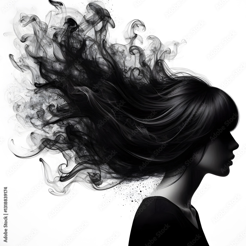 Fototapeta premium A black female hair transforming into smoke isolated on white background