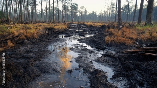 Glistening mud envelops a serene stream, its surface mirroring the vibrant surroundings and soft light dancing across ripples photo