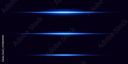 Blue horizontal line of light, flare of a light beam. On a black background.