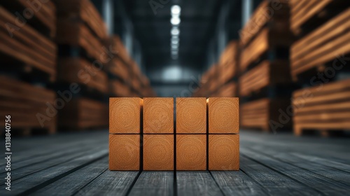 Stacked wooden blocks in a warehouse setting photo